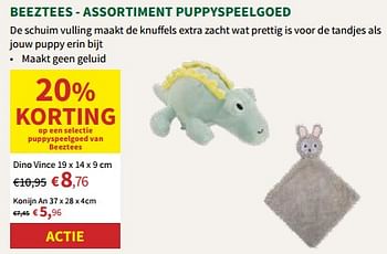 Promoties Beeztees assortiment puppyspeelgoed dino vince - Beeztees - Geldig van 22/05/2024 tot 02/06/2024 bij Horta
