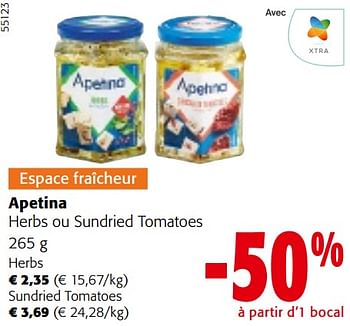 Promotions Apetina herbs ou sundried tomatoes - apetina - Valide de 22/05/2024 à 04/06/2024 chez Colruyt