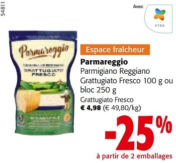 Promotions Parmareggio parmigiano reggiano grattugiato fresco - Parmareggio - Valide de 22/05/2024 à 04/06/2024 chez Colruyt