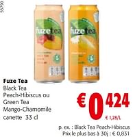 Promotions Fuze tea black tea peach-hibiscus ou green tea mango-chamomile - FuzeTea - Valide de 22/05/2024 à 04/06/2024 chez Colruyt