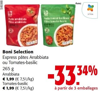 Promotions Boni selection express pâtes arrabbiata ou tomates-basilic - Boni - Valide de 22/05/2024 à 04/06/2024 chez Colruyt