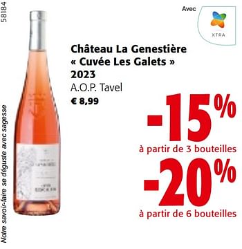 Promotions Château la genestière cuvée les galets 2023 a.o.p. tavel - Vins rosé - Valide de 22/05/2024 à 04/06/2024 chez Colruyt