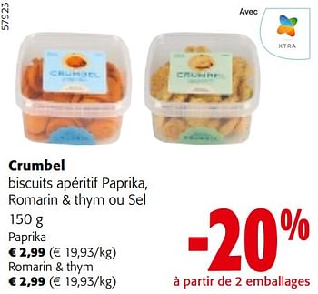 Promotions Crumbel biscuits apéritif paprika, romarin + thym ou sel - Crumbel - Valide de 22/05/2024 à 04/06/2024 chez Colruyt