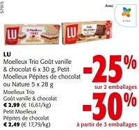 Promotions Lu moelleux trio goût vanille + chocolat , petit moelleux pépites de chocolat ou nature - Lu - Valide de 22/05/2024 à 04/06/2024 chez Colruyt