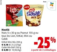 Promotions Nestlé nuts ou peanut ou tous les lion, kitkat, mini ou galak - Nestlé - Valide de 22/05/2024 à 04/06/2024 chez Colruyt
