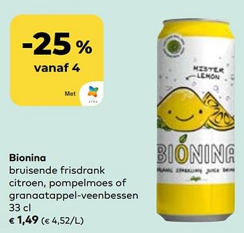 Promoties Bionina bruisende frisdrank citroen, pompelmoes of granaatappel-veenbessen - Bionina - Geldig van 22/05/2024 tot 18/06/2024 bij Bioplanet
