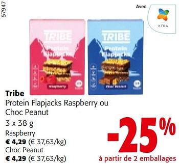 Promotions Tribe protein flapjacks raspberry ou choc peanut - Tribe - Valide de 22/05/2024 à 04/06/2024 chez Colruyt