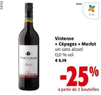 Promotions Vintense cépages merlot vin sans alcool 0,0 % vol - Vins rouges - Valide de 22/05/2024 à 04/06/2024 chez Colruyt