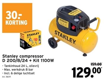 Promoties Stanley compressor d 200-8-24 + kit - Stanley - Geldig van 22/05/2024 tot 04/06/2024 bij Gamma