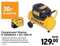 Promotions Compresseur stanley d 200-8-24 + kit 1100 w - Stanley - Valide de 22/05/2024 à 04/06/2024 chez Gamma