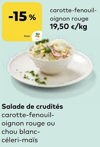 Promotions Salade de crudités carotte-fenouiloignon rouge ou chou blanccéleri-maïs - Produit maison - Bioplanet - Valide de 22/05/2024 à 18/06/2024 chez Bioplanet