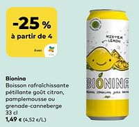 Promotions Bionina boisson rafraîchissante pétillante goût citron, pamplemousse ou grenade-canneberge - Bionina - Valide de 22/05/2024 à 18/06/2024 chez Bioplanet