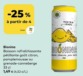 Promotions Bionina boisson rafraîchissante pétillante goût citron, pamplemousse ou grenade-canneberge - Bionina - Valide de 22/05/2024 à 18/06/2024 chez Bioplanet