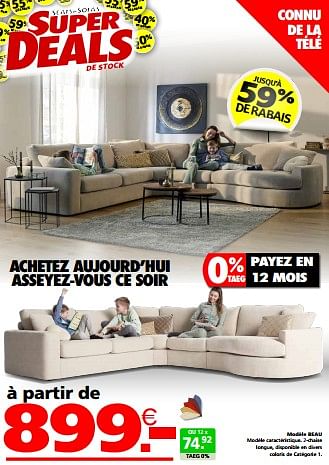 Promotions Modèle beau - Produit maison - Seats and Sofas - Valide de 27/05/2024 à 02/06/2024 chez Seats and Sofas