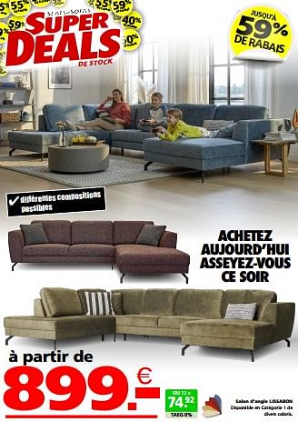 Promotions Salon d’angle lissabon - Produit maison - Seats and Sofas - Valide de 27/05/2024 à 02/06/2024 chez Seats and Sofas