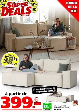 Promotions Salon d’angle milo - Produit maison - Seats and Sofas - Valide de 27/05/2024 à 02/06/2024 chez Seats and Sofas