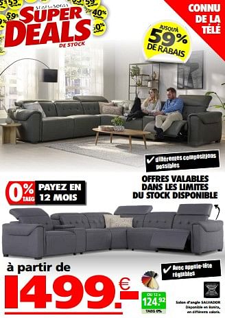 Promotions Salon d’angle salvador - Produit maison - Seats and Sofas - Valide de 27/05/2024 à 02/06/2024 chez Seats and Sofas