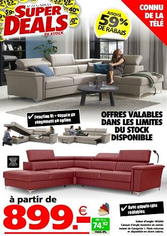 Promotions Salon d’angle vegas - Produit maison - Seats and Sofas - Valide de 27/05/2024 à 02/06/2024 chez Seats and Sofas