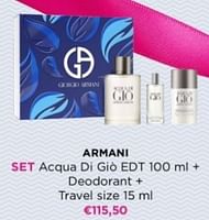 Promoties Armani set acqua di gio + deodorant + travel size - Armani - Geldig van 27/05/2024 tot 09/06/2024 bij ICI PARIS XL