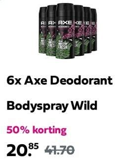 Promoties Axe deodorant bodyspray wild - Axe - Geldig van 27/05/2024 tot 02/06/2024 bij Plein