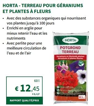 Promotions Horta - terreau pour géraniums et plantes à fleurs - Produit maison - Horta - Valide de 22/05/2024 à 02/06/2024 chez Horta