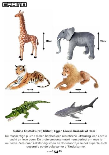 Promoties Cabino knuffel giraf, olifant, tijger, leeuw, krokodil of haai - Cabino - Geldig van 25/05/2024 tot 08/06/2024 bij Baby & Tiener Megastore