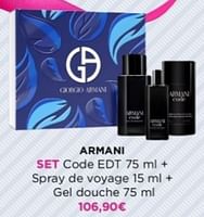 Promotions Armani set code edt + spray de voyage + gel douche - Armani - Valide de 27/05/2024 à 09/06/2024 chez ICI PARIS XL