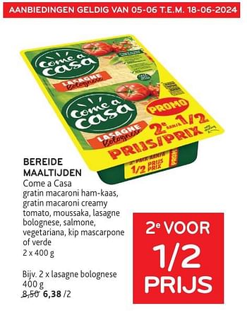 Promoties Bereide maaltijden come a casa lasagne bolognese - Come a Casa - Geldig van 05/06/2024 tot 18/06/2024 bij Alvo