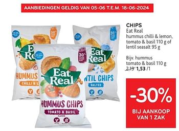 Promoties Chips eat real hummus tomato + basil - Eat Real - Geldig van 05/06/2024 tot 18/06/2024 bij Alvo