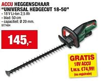 Promoties Bosch accu heggenschaar universal hedgecut 18-50 - Bosch - Geldig van 29/05/2024 tot 09/06/2024 bij Hubo