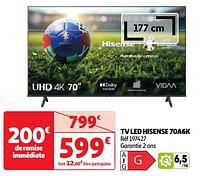 Promoties Tv led hisense 70a6k - Hisense - Geldig van 28/05/2024 tot 16/06/2024 bij Auchan