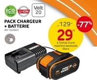 Promotions Worx pack chargeur + batterie - Worx - Valide de 29/05/2024 à 10/06/2024 chez Brico