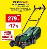 Promotions Bosch tondeuse accu citymower 18 - Bosch - Valide de 29/05/2024 à 09/06/2024 chez Hubo