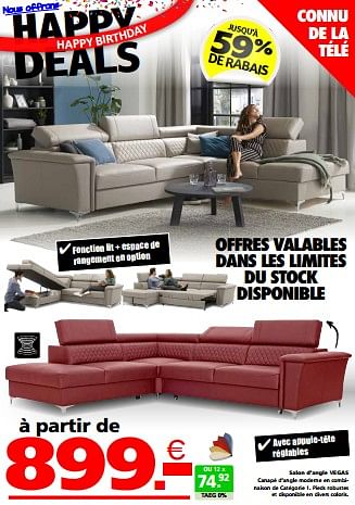 Promotions Salon d’angle vegas - Produit maison - Seats and Sofas - Valide de 10/06/2024 à 16/06/2024 chez Seats and Sofas