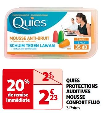 Promotions Quies protections auditives mousse confort fluo - Quies - Valide de 28/05/2024 à 17/06/2024 chez Auchan Ronq
