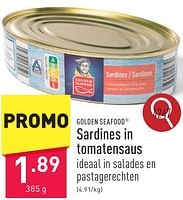 Promoties Sardines in tomatensaus - Golden Seafood - Geldig van 10/06/2024 tot 16/06/2024 bij Aldi