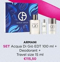 Promoties Armani set acqua di gio edt + deodorant + travel size - Armani - Geldig van 02/06/2024 tot 09/06/2024 bij ICI PARIS XL