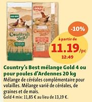 Promotions Country’s best mélange gold 4 ou pour poules d’ardennes - Versele-Laga - Valide de 05/06/2024 à 10/06/2024 chez Maxi Zoo