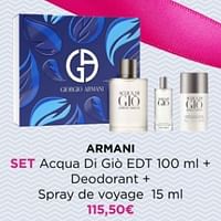 Promotions Armani set acqua di gid edt deodorant + spray de voyage - Armani - Valide de 02/06/2024 à 09/06/2024 chez ICI PARIS XL