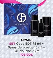 Promotions Armani set code edt + spray de voyage + gel douche - Armani - Valide de 02/06/2024 à 09/06/2024 chez ICI PARIS XL
