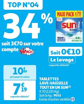 Promotions Tablettes lave-vaisselle tout en un sun - Sun - Valide de 04/06/2024 à 16/06/2024 chez Auchan Ronq
