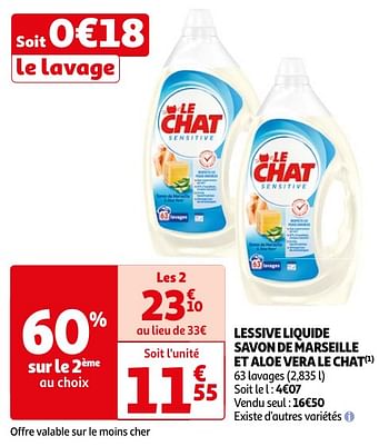 Promotions Lessive liquide savon de marseille et aloe vera le chat - Le Chat - Valide de 04/06/2024 à 17/06/2024 chez Auchan Ronq