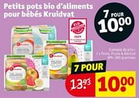 Promotions Petits pots bio d’aliments pour bébés kruidvat poire, prune + abricot - Produit maison - Kruidvat - Valide de 04/06/2024 à 09/06/2024 chez Kruidvat