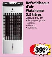Promotions Refroidisseur d’air watshome 3.5 litres - Watshome - Valide de 04/06/2024 à 09/06/2024 chez Kruidvat