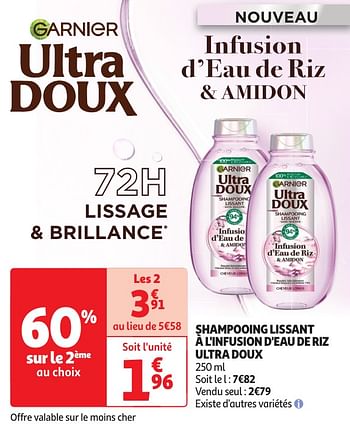 Promoties Shampooing lissant à l`infusion d`eau de riz ultra doux - Garnier - Geldig van 04/06/2024 tot 16/06/2024 bij Auchan