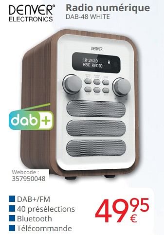 Promotions Denver electronics radio numérique dab-48 white - Denver Electronics - Valide de 01/06/2024 à 30/06/2024 chez Eldi