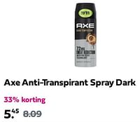 Promoties Axe anti-transpirant spray dark - Axe - Geldig van 09/06/2024 tot 13/06/2024 bij Plein