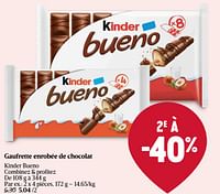 Promotions Gaufrette enrobée de chocolat kinder bueno - Kinder - Valide de 06/06/2024 à 12/06/2024 chez Delhaize