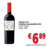 Promoties Salento i.g.t. primitivo-susumaniello 2021 tenute rubino - Rode wijnen - Geldig van 05/06/2024 tot 18/06/2024 bij Colruyt