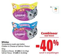 Promoties Whiskas temptations snack voor katten chicken + cheese of salmon flavour - Whiskas - Geldig van 05/06/2024 tot 18/06/2024 bij Colruyt